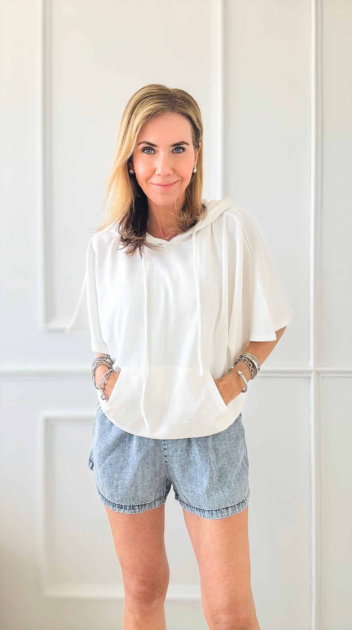 Flare Sleeve Hoodied Top - Soft White-110 Short Sleeve Tops-CULTURE CODE-Coastal Bloom Boutique, find the trendiest versions of the popular styles and looks Located in Indialantic, FL