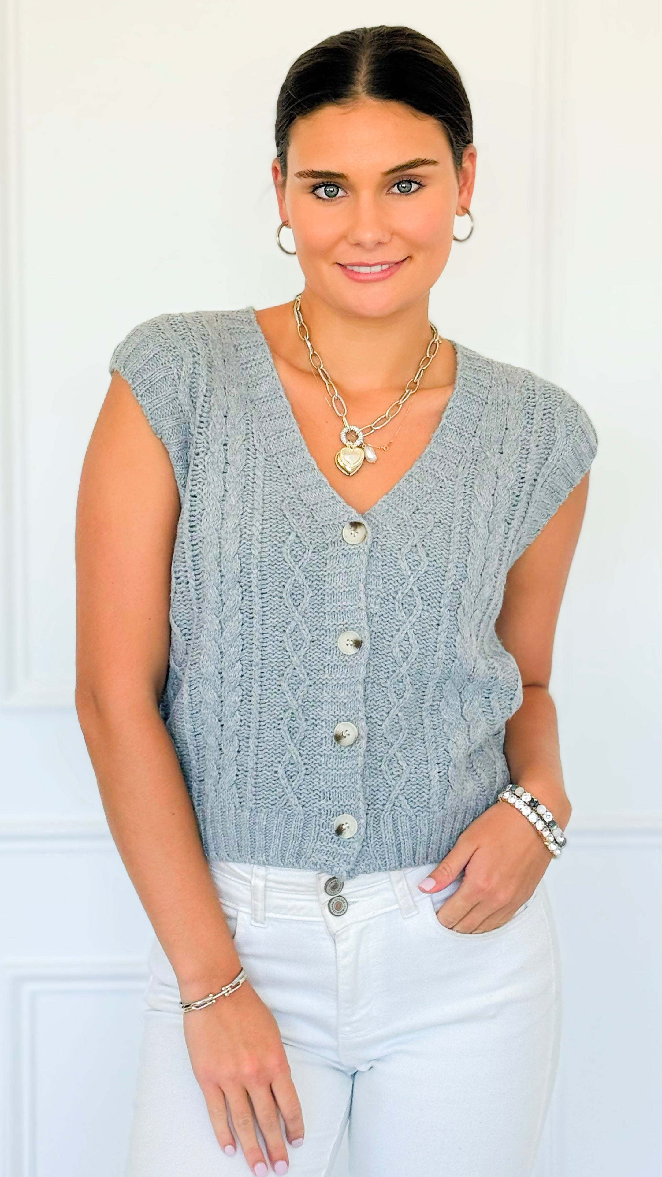 Chunky Cable Sweater Vest - Grey-150 Cardigans/Layers-Be Cool-Coastal Bloom Boutique, find the trendiest versions of the popular styles and looks Located in Indialantic, FL