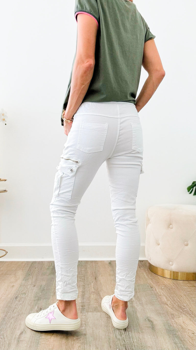 Cargo Crinkle Italian Joggers - White-170 Bottoms-Venti6 Outlet-Coastal Bloom Boutique, find the trendiest versions of the popular styles and looks Located in Indialantic, FL