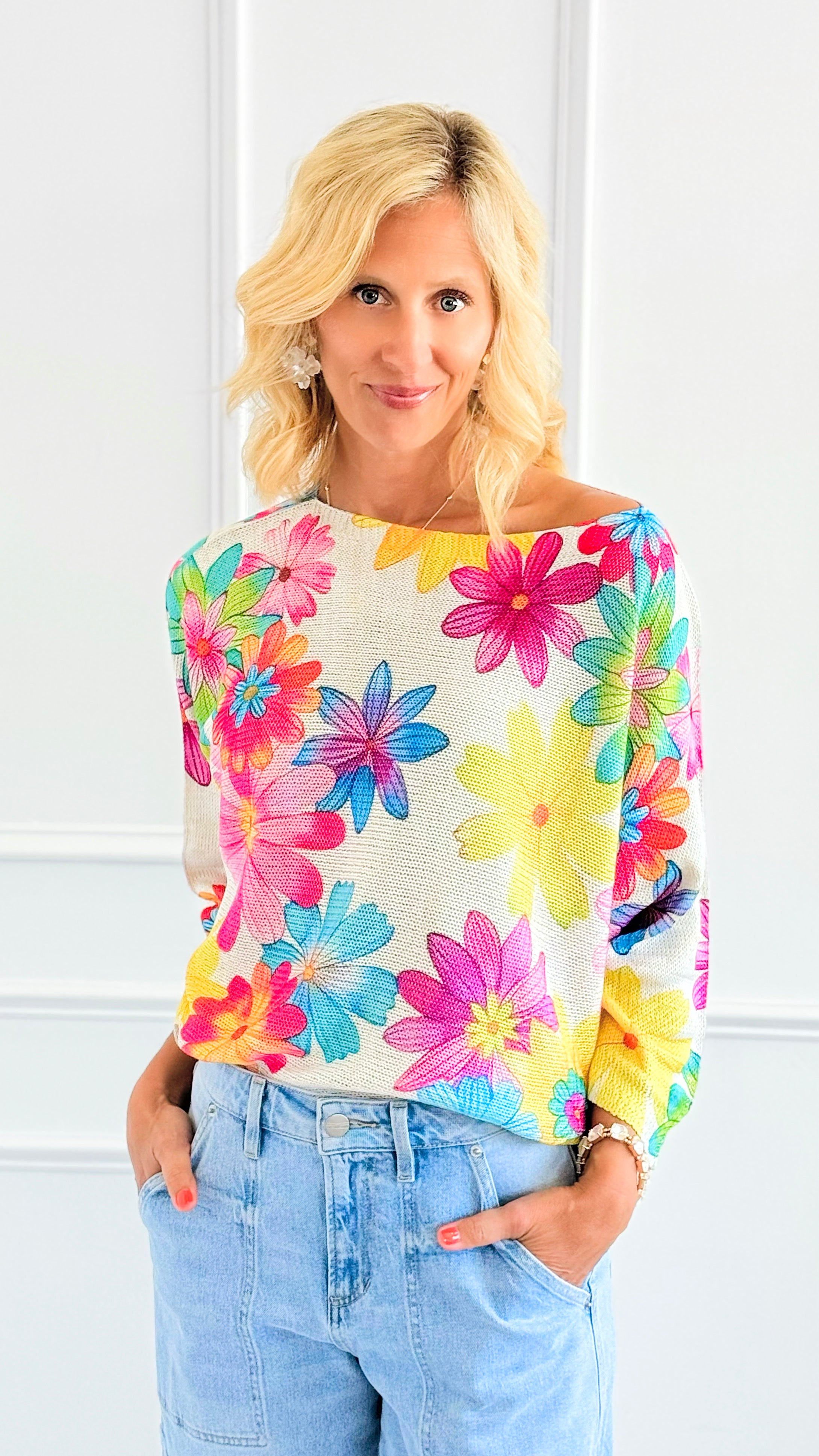 Bold Blossom St Tropez Italian Knit Sweater-140 Sweaters-FAITH/ SORPRESA-Coastal Bloom Boutique, find the trendiest versions of the popular styles and looks Located in Indialantic, FL