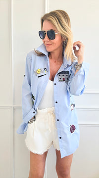 Embroidered Long Classic Shirt - Blue-130 Long Sleeve Tops-Chasing Bandits-Coastal Bloom Boutique, find the trendiest versions of the popular styles and looks Located in Indialantic, FL