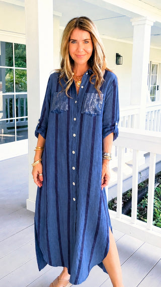 Weekend Sail Stripe Italian Button Dress- Steel Blue