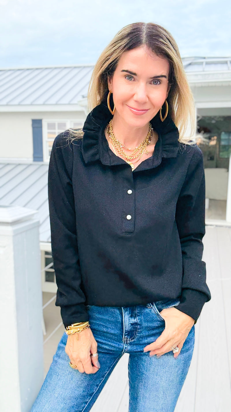 The Juliette Ruffle Long Sleeve Top- Black-110 Long Sleeve Tops-EC COLLECTION INC-Coastal Bloom Boutique, find the trendiest versions of the popular styles and looks Located in Indialantic, FL