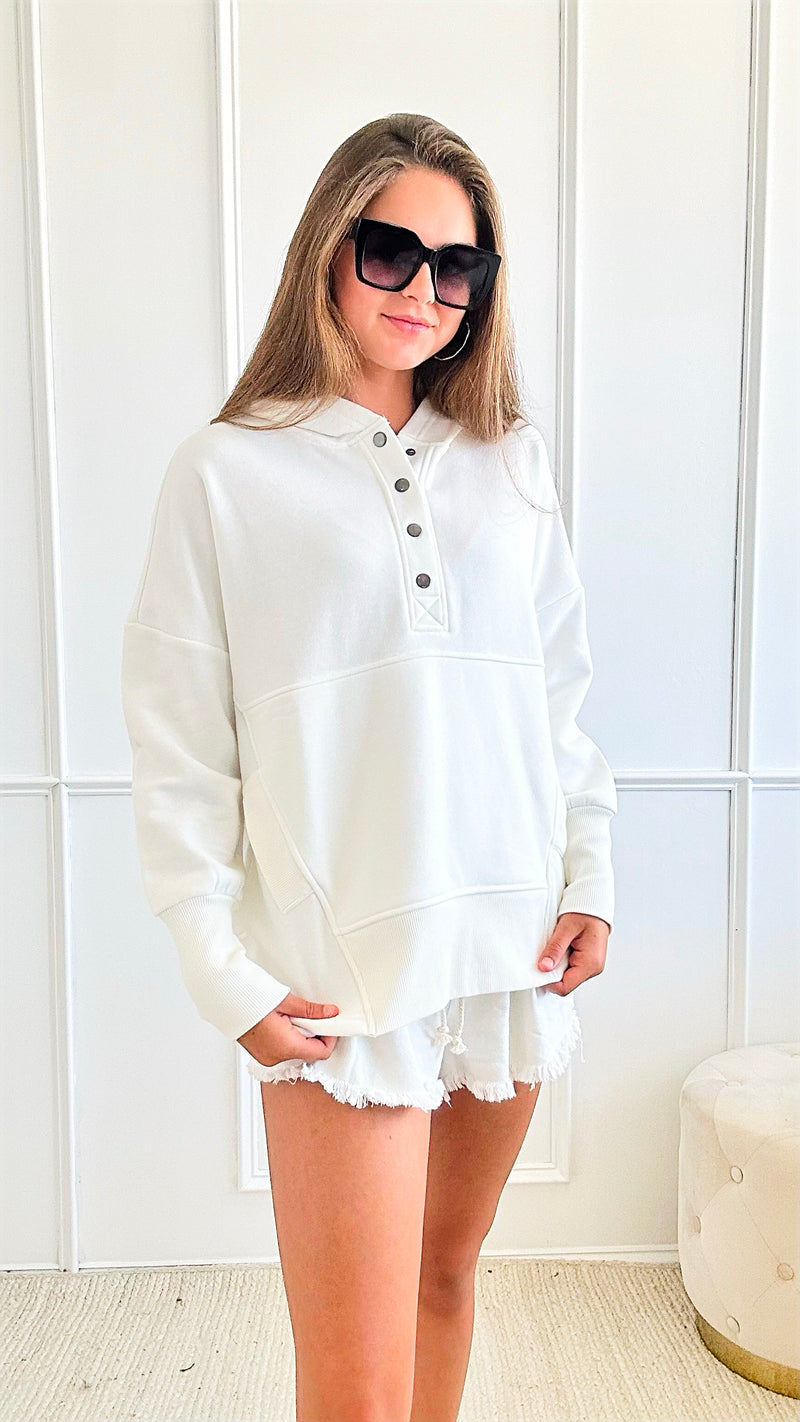 Half Button Hooded Pullover - Off White-130 Long Sleeve Tops-Zenana-Coastal Bloom Boutique, find the trendiest versions of the popular styles and looks Located in Indialantic, FL