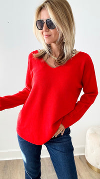Soho Italian V-Neck Pullover - Red-140 Sweaters-Italianissimo-Coastal Bloom Boutique, find the trendiest versions of the popular styles and looks Located in Indialantic, FL