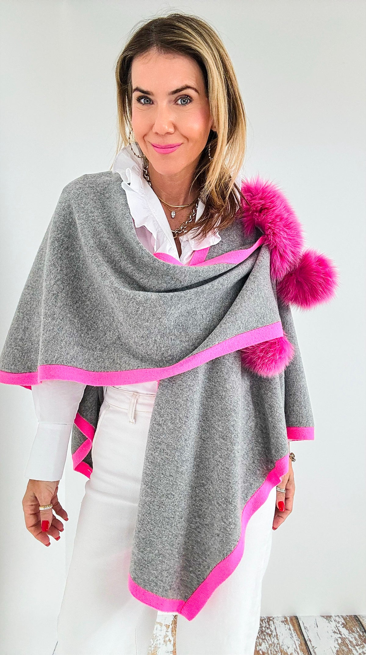 Wrapped Knit Poncho - Lt. Grey/ Neon Pink-150 Cardigans/Layers-Mitchie's-Coastal Bloom Boutique, find the trendiest versions of the popular styles and looks Located in Indialantic, FL