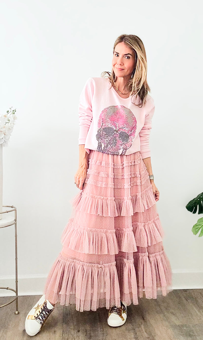 Ruffled Mini Dot Midi Skirt - Blush-170 Bottoms-TABA-Coastal Bloom Boutique, find the trendiest versions of the popular styles and looks Located in Indialantic, FL