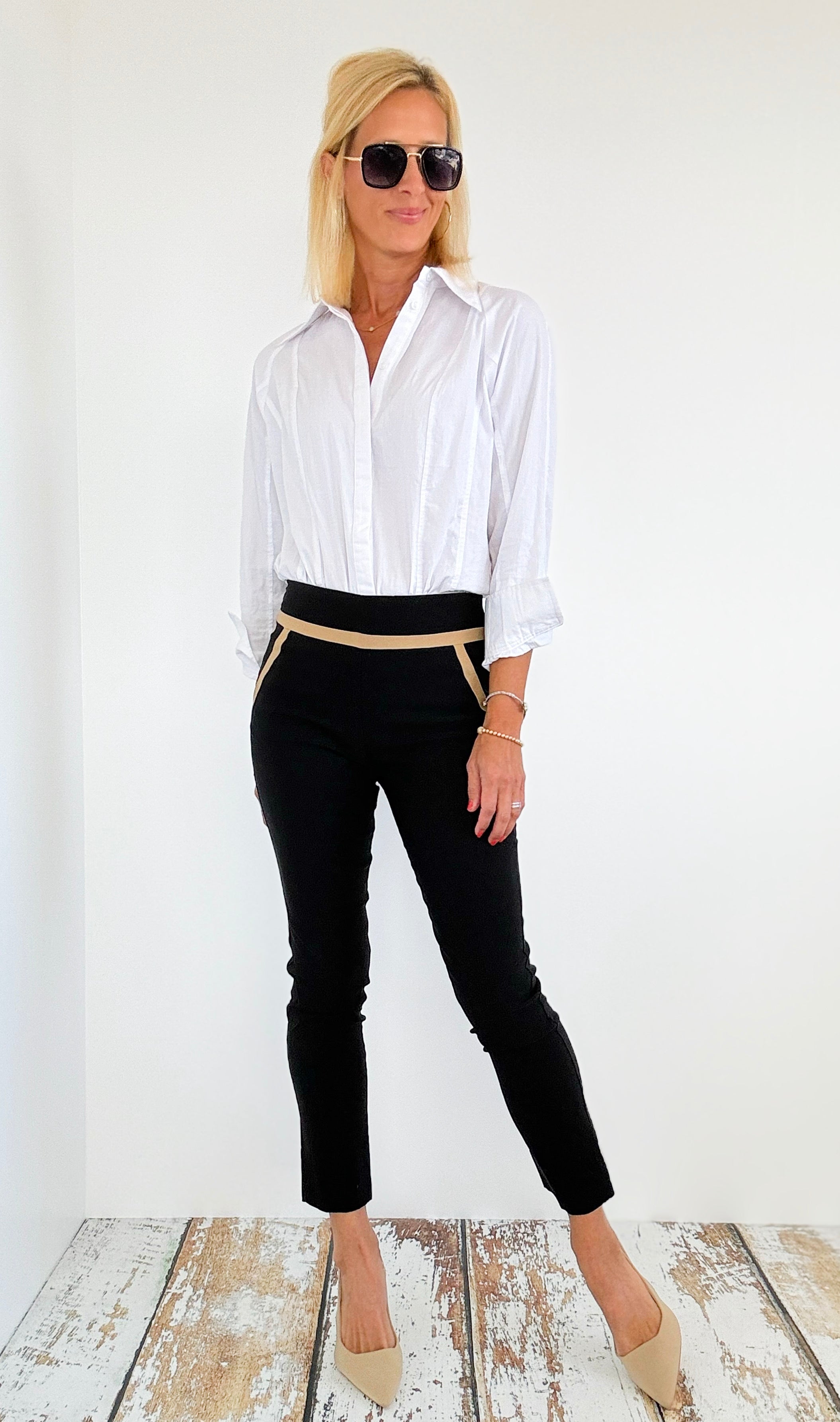 Black w/Camel Detail Pants-170 Bottoms-Gretchen Scott-Coastal Bloom Boutique, find the trendiest versions of the popular styles and looks Located in Indialantic, FL