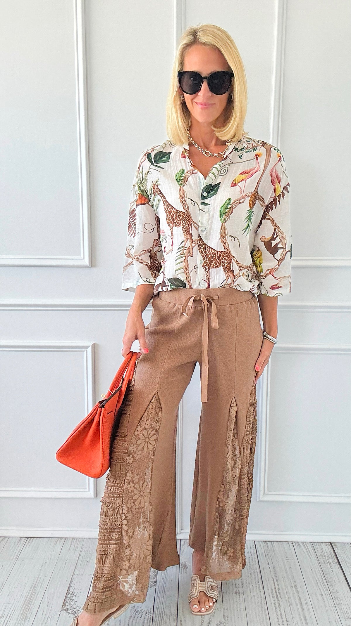Golden Hour Lace Panel Pants - Cocoa-170 Bottoms-pol-Coastal Bloom Boutique, find the trendiest versions of the popular styles and looks Located in Indialantic, FL