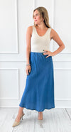 Denim Italian Midi Skirt- Medium-170 Bottoms-Italianissimo-Coastal Bloom Boutique, find the trendiest versions of the popular styles and looks Located in Indialantic, FL