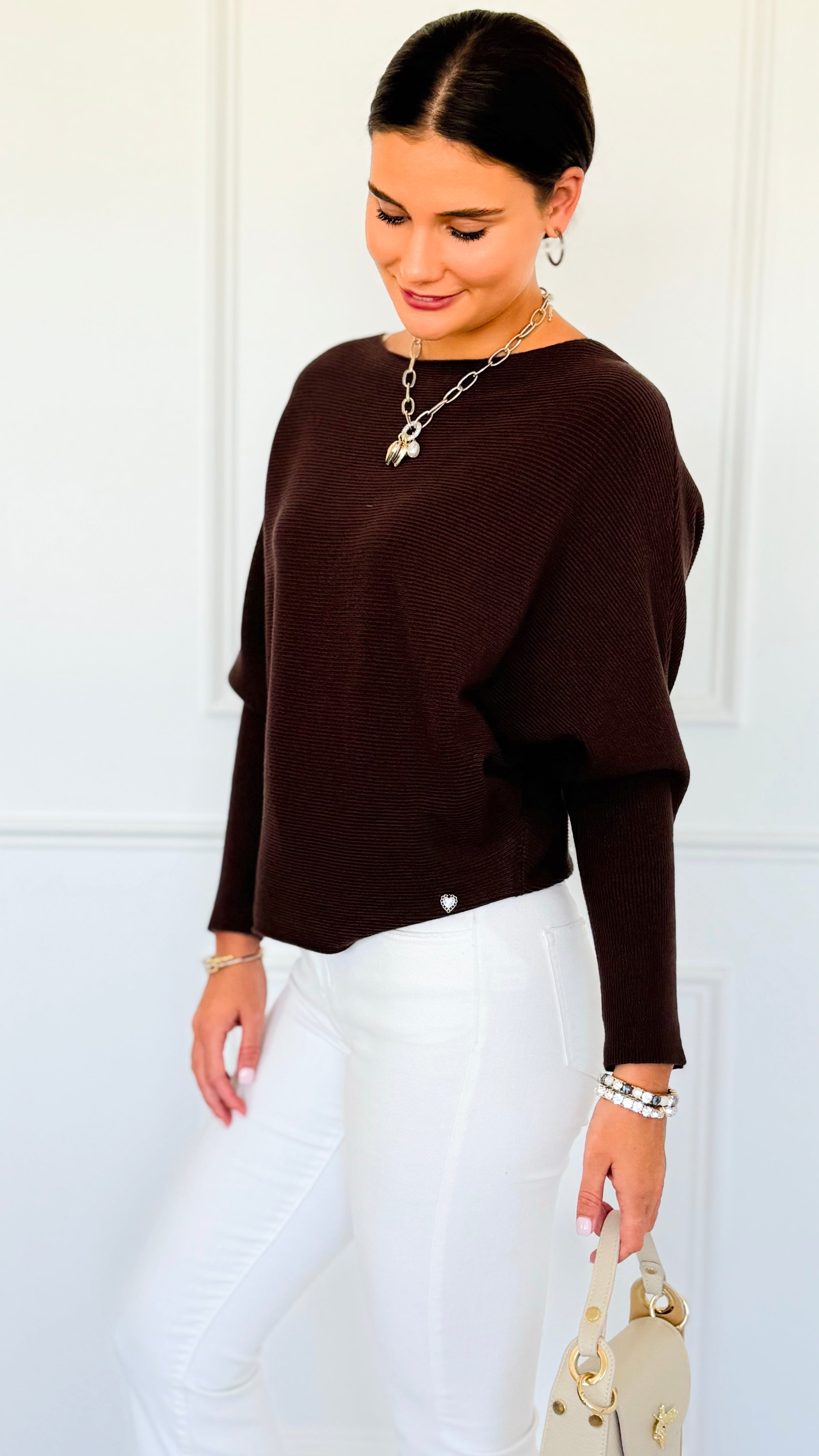 Ribbed Italian Pullover- Chocolate-140 Sweaters-Italianissimo-Coastal Bloom Boutique, find the trendiest versions of the popular styles and looks Located in Indialantic, FL