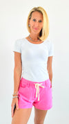 Drawstring Denim Shorts - Pink-170 Bottoms/Shorts-HYFVE-Coastal Bloom Boutique, find the trendiest versions of the popular styles and looks Located in Indialantic, FL