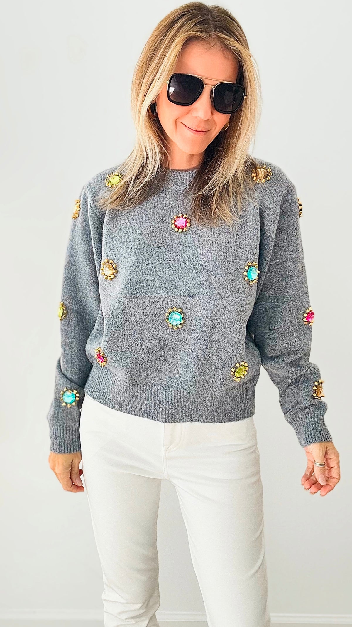 Sprinkled in Jewels Pullover Sweater-140 Sweaters-BLUE B-Coastal Bloom Boutique, find the trendiest versions of the popular styles and looks Located in Indialantic, FL