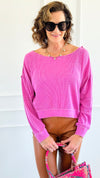 Waffle Knit Cropped Lounge Top - New Orchid-110 Long Sleeve Tops-MONO B-Coastal Bloom Boutique, find the trendiest versions of the popular styles and looks Located in Indialantic, FL