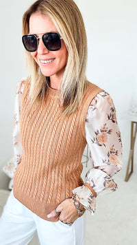 Vintage Roses Silky Sleeves Cable Sweater - Camel-140 Sweaters-Fate By LFD-Coastal Bloom Boutique, find the trendiest versions of the popular styles and looks Located in Indialantic, FL