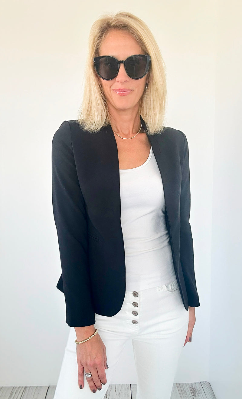 Collarless Open Front Blazer - Black-160 Jackets-Michel-Coastal Bloom Boutique, find the trendiest versions of the popular styles and looks Located in Indialantic, FL