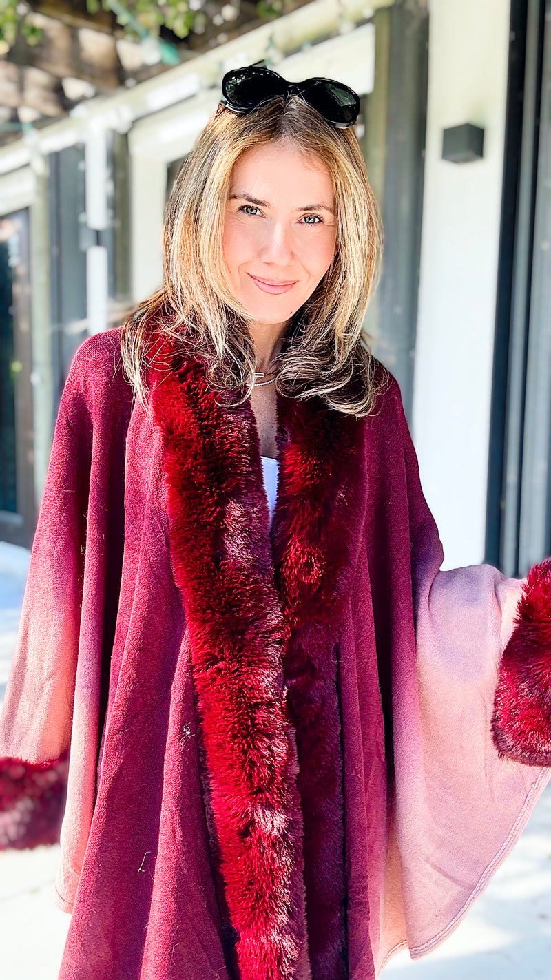 Glass of Wine Faux Fur Trim Ombre Cape-150 Cardigans/Layers-On Blue-Coastal Bloom Boutique, find the trendiest versions of the popular styles and looks Located in Indialantic, FL