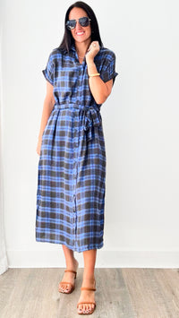 Indigo Plaid Button Down Dress-200 Dresses/Jumpsuits/Rompers-en creme-Coastal Bloom Boutique, find the trendiest versions of the popular styles and looks Located in Indialantic, FL