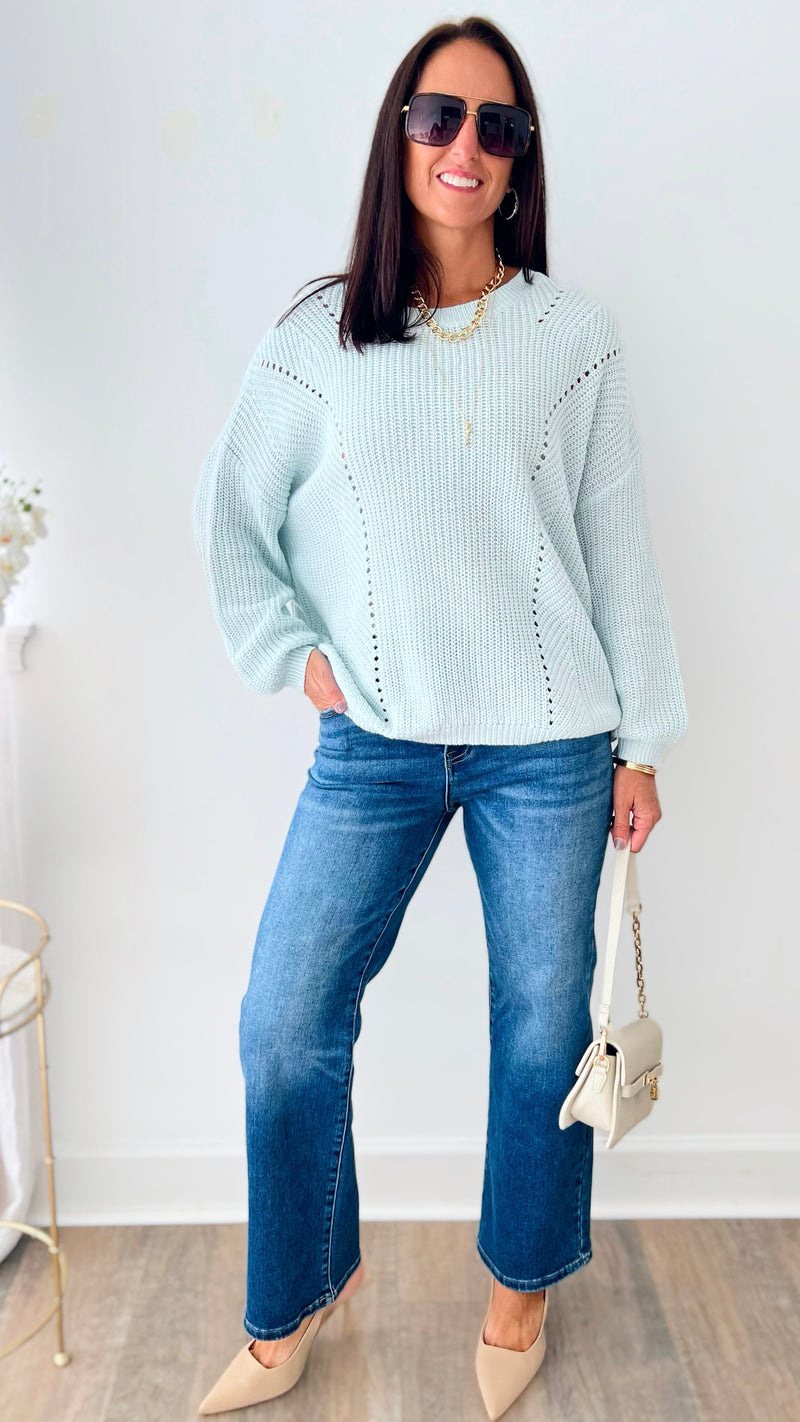 River Side Relaxed Cable Sweater - Light Blue-140 Sweaters-Miracle-Coastal Bloom Boutique, find the trendiest versions of the popular styles and looks Located in Indialantic, FL