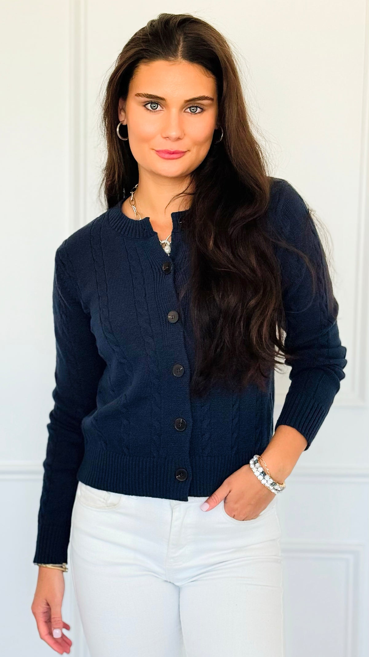 Crimson Gallop Cable Cardigan-Navy-150 Cardigan Layers-Blu Pepper-Coastal Bloom Boutique, find the trendiest versions of the popular styles and looks Located in Indialantic, FL
