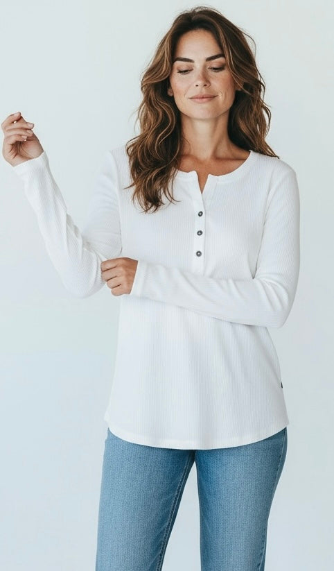 Italian Rib V-Neck Henley Top-White-110 Long Sleeve Tops-FATTURA ACCOMPAGNATORIA-Coastal Bloom Boutique, find the trendiest versions of the popular styles and looks Located in Indialantic, FL