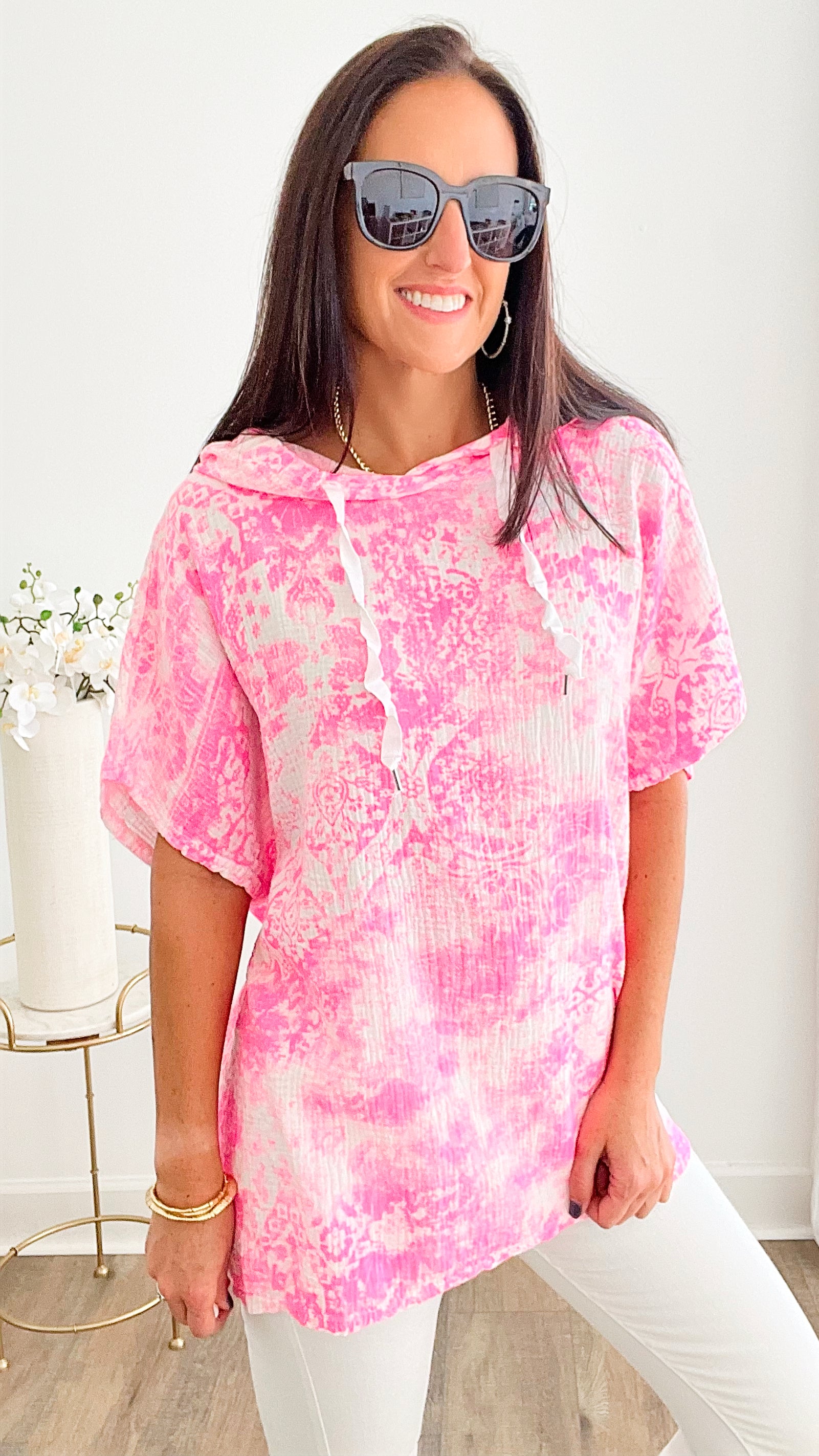 Washed Tapestry Short Sleeve Hoodie - Pink-110 Short Sleeve Tops-VENTI6 OUTLET-Coastal Bloom Boutique, find the trendiest versions of the popular styles and looks Located in Indialantic, FL