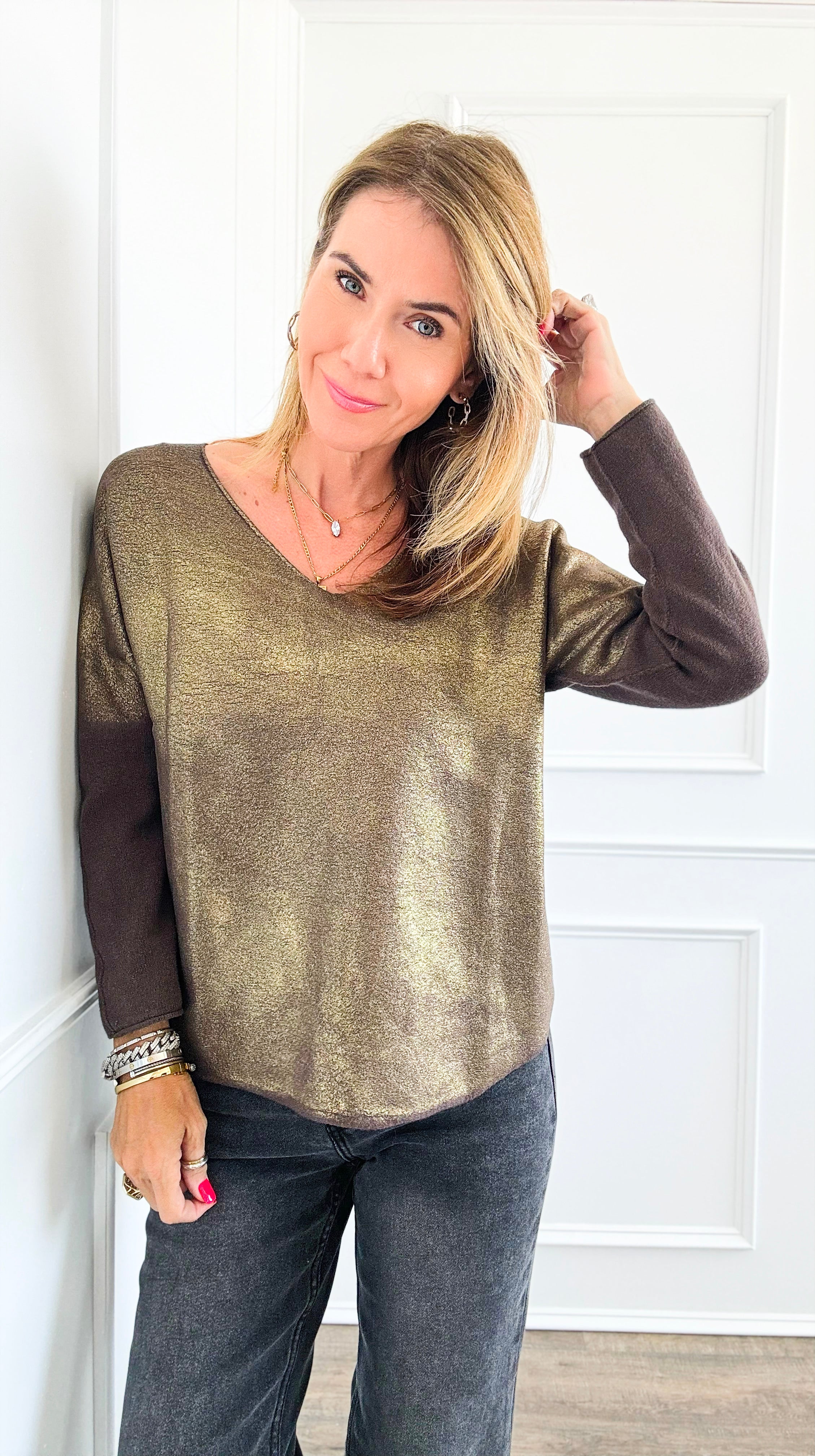 Gold Shine V-Neck Italian Pullover- Brown-140 Sweaters-Italianissimo-Coastal Bloom Boutique, find the trendiest versions of the popular styles and looks Located in Indialantic, FL