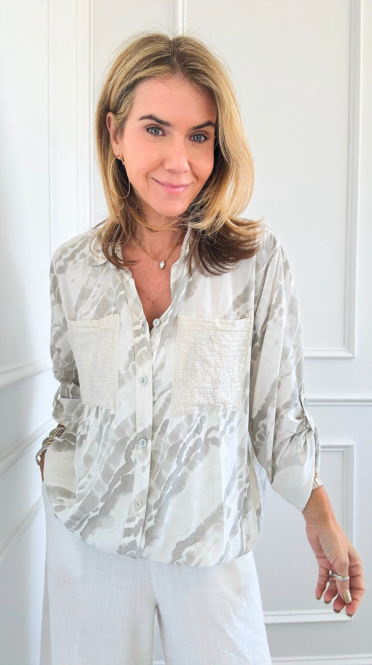 Chic Sequins Pockets Italian Blouse-130 Long Sleeve Tops-UM-Coastal Bloom Boutique, find the trendiest versions of the popular styles and looks Located in Indialantic, FL