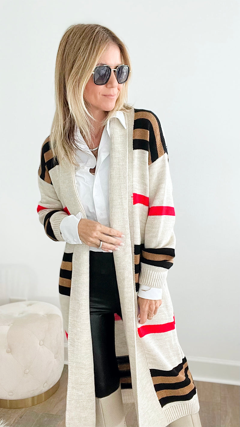 Striped Long Knitted Cardigan-Stone-150 Cardigans/Layers-Italianissimo-Coastal Bloom Boutique, find the trendiest versions of the popular styles and looks Located in Indialantic, FL