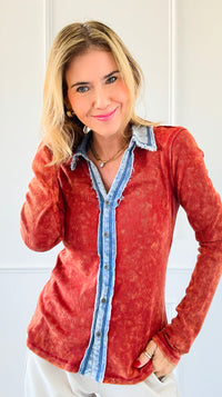 Distressed Denim Trim Button-Up Top - Red-130 Long Sleeve Tops-mystree-Coastal Bloom Boutique, find the trendiest versions of the popular styles and looks Located in Indialantic, FL