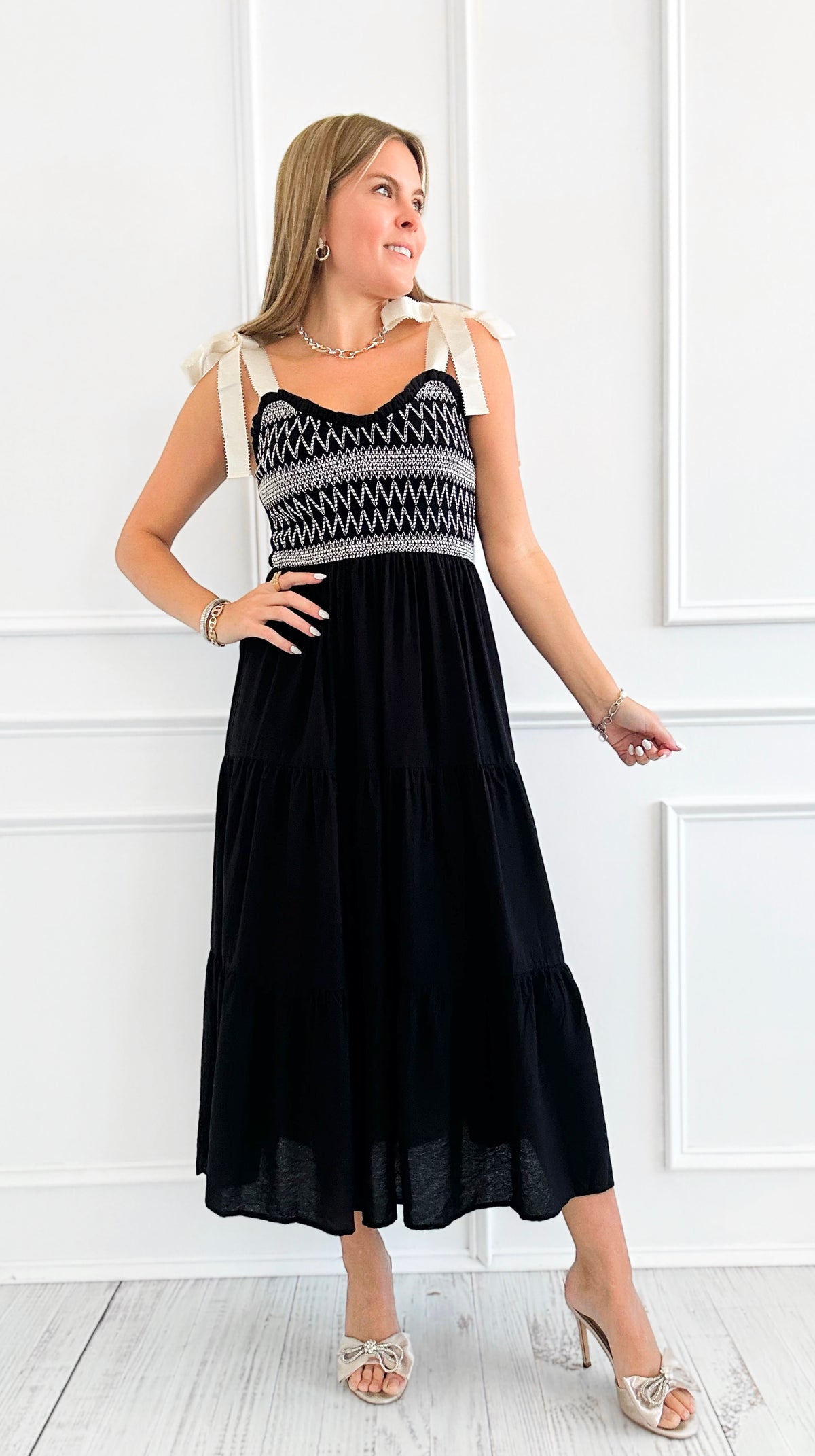 Contrast Smocked Tiered Midi Dress-200 Dresses/Jumpsuits/Rompers-Blu Pepper-Coastal Bloom Boutique, find the trendiest versions of the popular styles and looks Located in Indialantic, FL