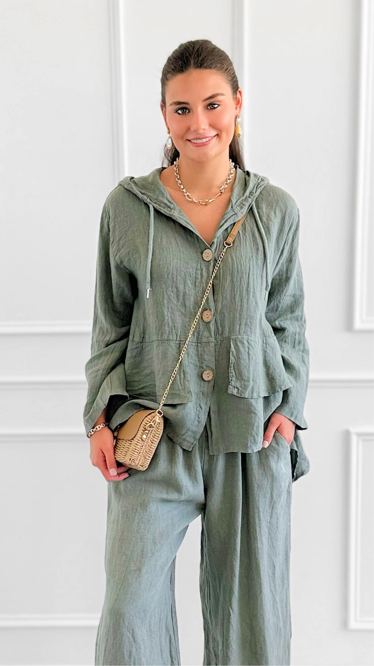 Linear Luxe Italian Linen Jacket-Olive-160 Jackets-FIORE-Coastal Bloom Boutique, find the trendiest versions of the popular styles and looks Located in Indialantic, FL