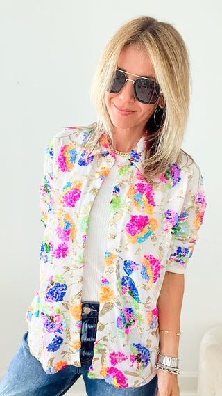 Sunny Splash Sequin Floral Button Up Blouse - White-130 Long Sleeve Tops-MAIN STRIP-Coastal Bloom Boutique, find the trendiest versions of the popular styles and looks Located in Indialantic, FL