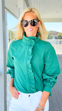 Whispered Ruffles Collared Top - Pine Green-130 Long Sleeve Tops-JODIFL-Coastal Bloom Boutique, find the trendiest versions of the popular styles and looks Located in Indialantic, FL