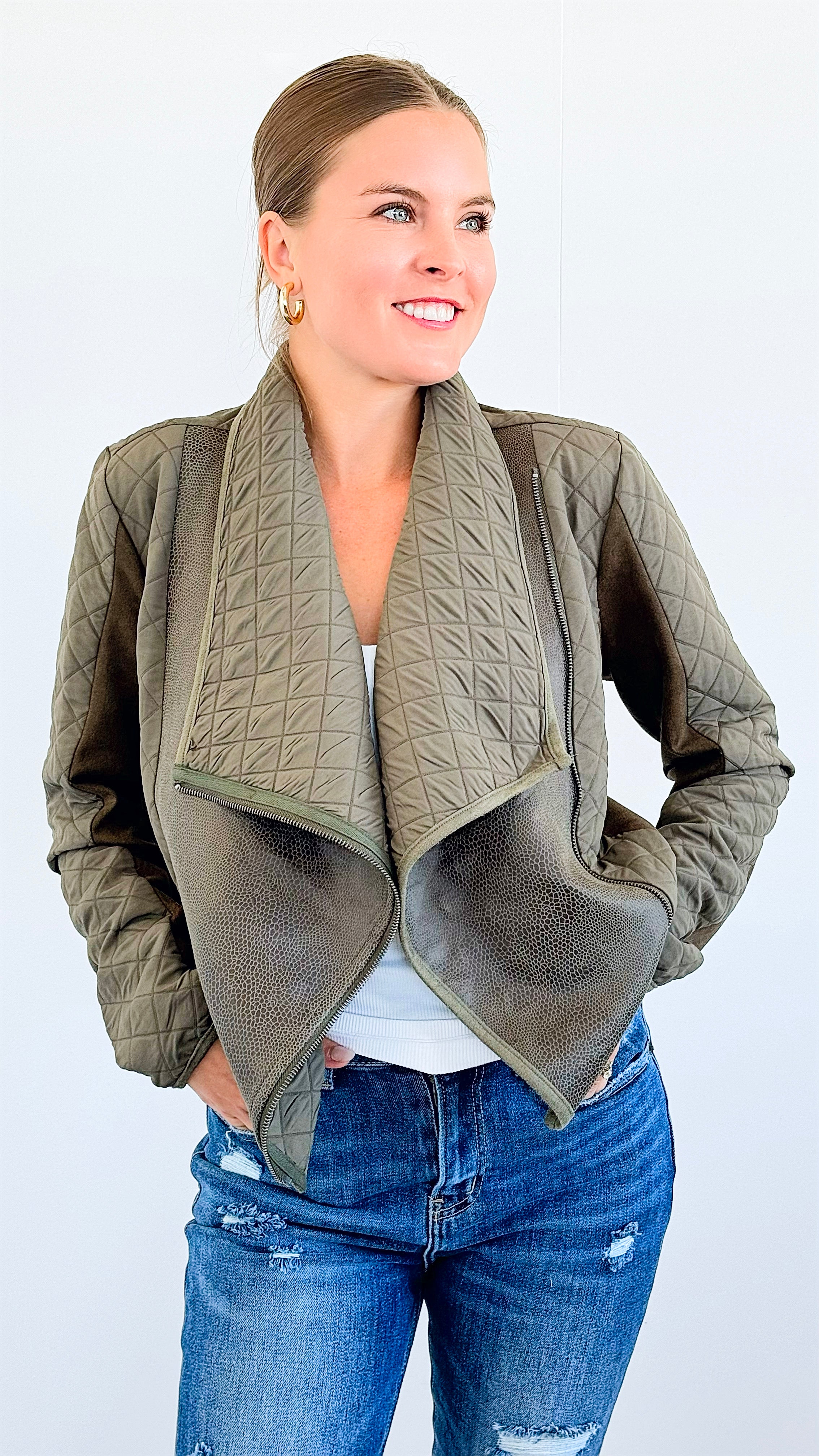 Faux Snake Skin & Suede Jacket - Olive-130 Long Sleeve Tops-mystree-Coastal Bloom Boutique, find the trendiest versions of the popular styles and looks Located in Indialantic, FL