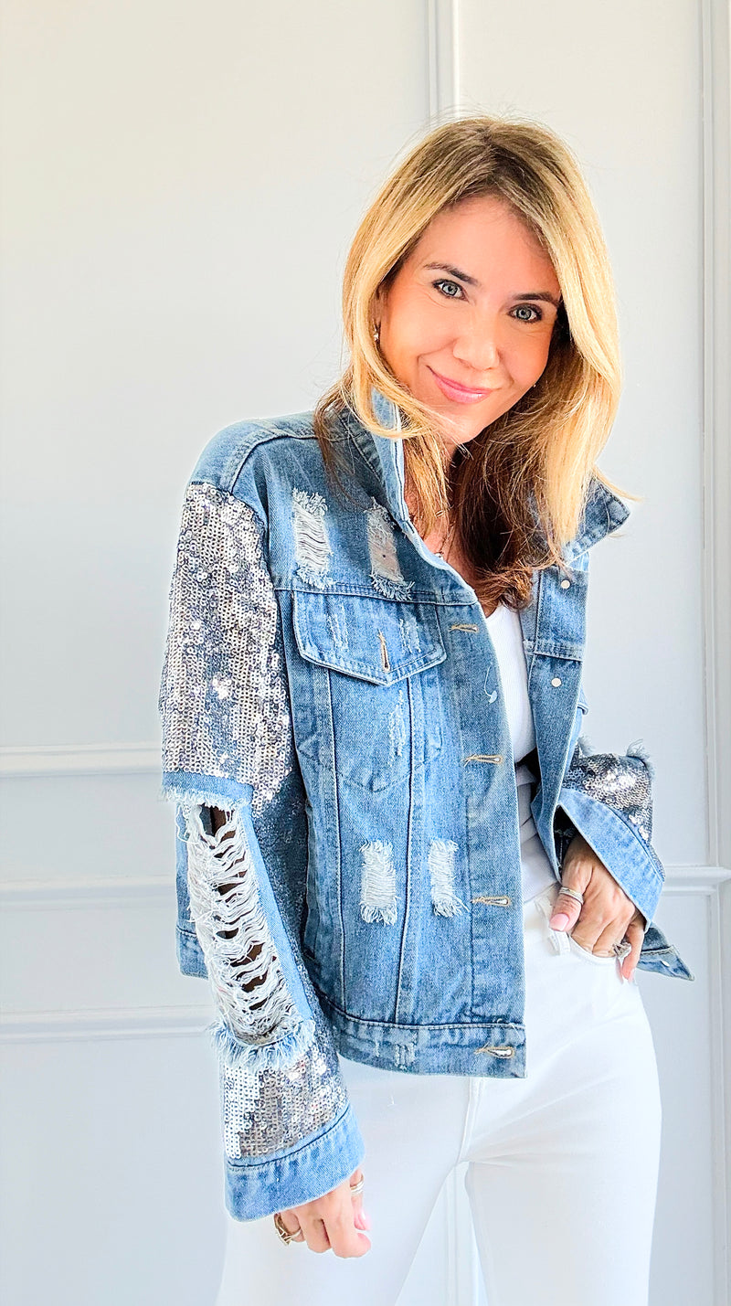 Sequined Distress Statement Jacket-160 Jackets-SALT-Coastal Bloom Boutique, find the trendiest versions of the popular styles and looks Located in Indialantic, FL