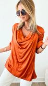 Long Sleeve Cowl Neck Italian Blouse - Rust-130 Long Sleeve Tops-Yolly-Coastal Bloom Boutique, find the trendiest versions of the popular styles and looks Located in Indialantic, FL