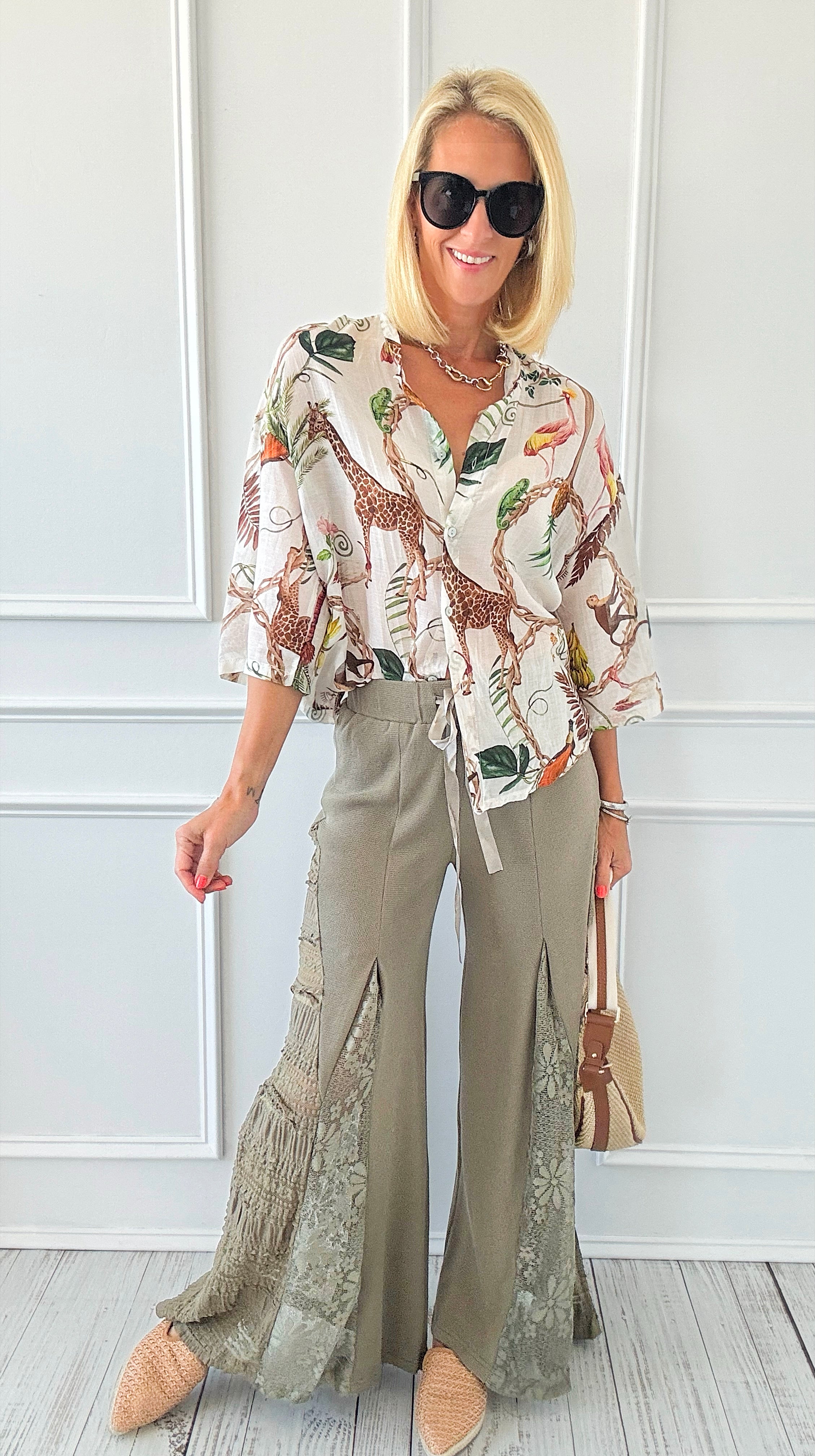 Golden Hour Lace Panel Pants - Olive-170 Bottoms-pol-Coastal Bloom Boutique, find the trendiest versions of the popular styles and looks Located in Indialantic, FL