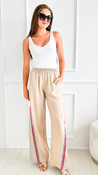 Red Ribbon Trim Italian Pant - Taupe-pants-Italianissimo-Coastal Bloom Boutique, find the trendiest versions of the popular styles and looks Located in Indialantic, FL