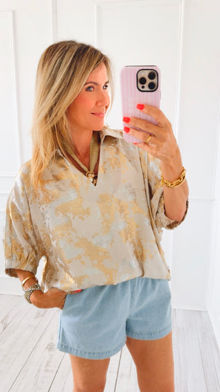 Metallic Puff Sleeve Top - Pearl