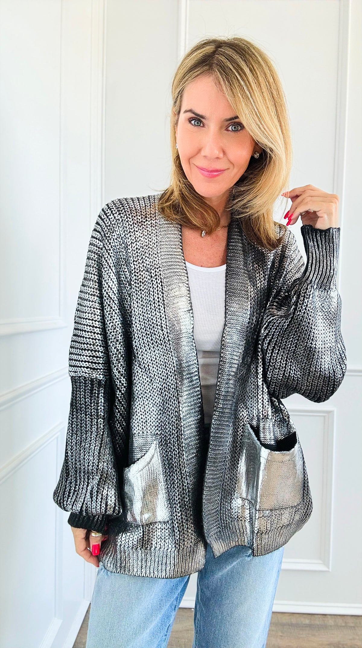 Mirrored Metallic Sugar High Italian Cardigan- Black/Silver-150 Cardigan Layers-Italianissimo-Coastal Bloom Boutique, find the trendiest versions of the popular styles and looks Located in Indialantic, FL