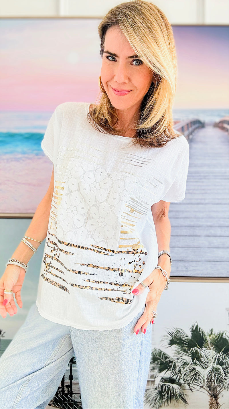 Metallic Fusion Italian Top - White-110 Short Sleeve Tops-Italianissimo-Coastal Bloom Boutique, find the trendiest versions of the popular styles and looks Located in Indialantic, FL