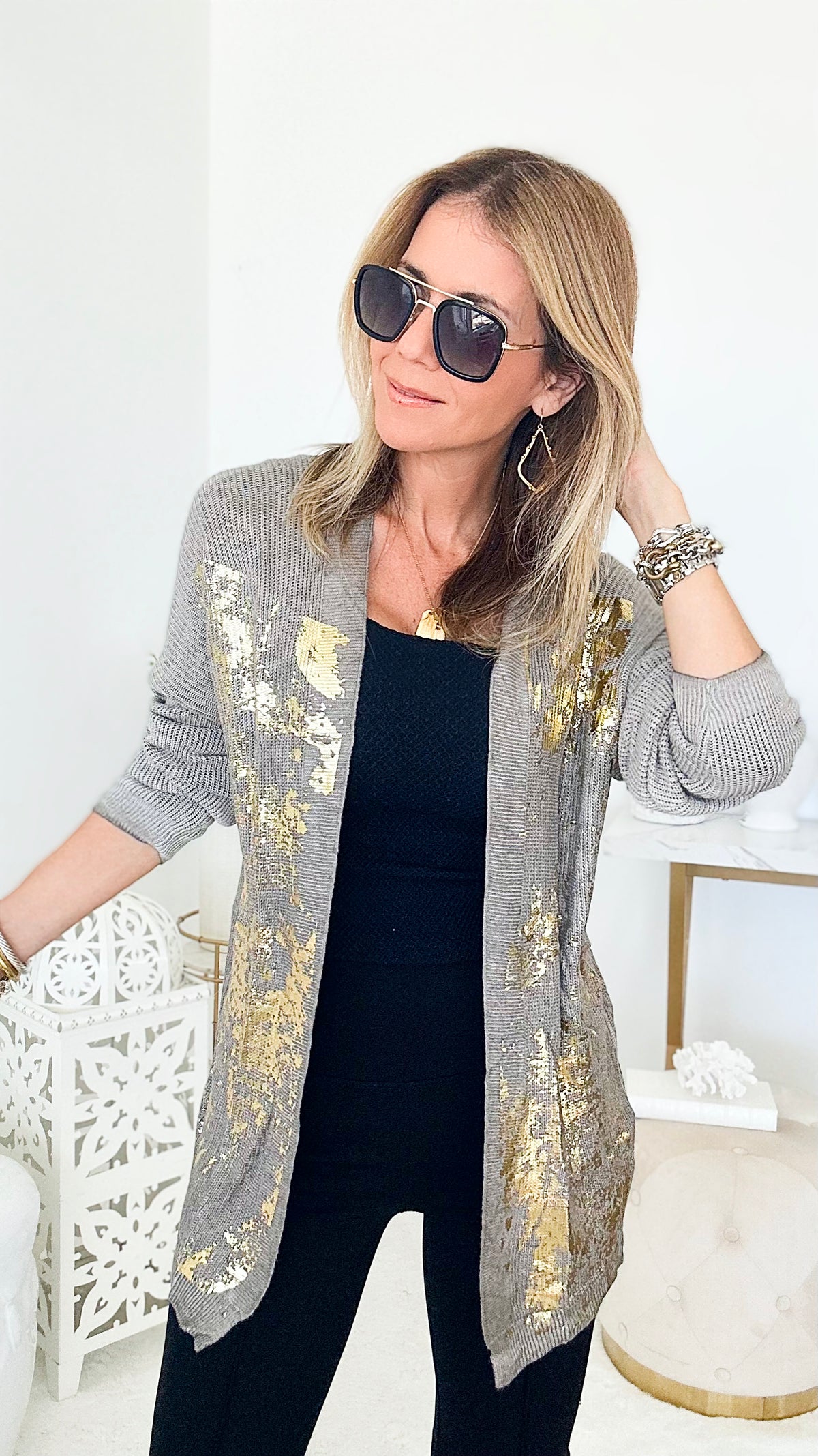 Metallic Knit Italian Cardigan-150 Cardigans/Layers-Look Mode-Coastal Bloom Boutique, find the trendiest versions of the popular styles and looks Located in Indialantic, FL