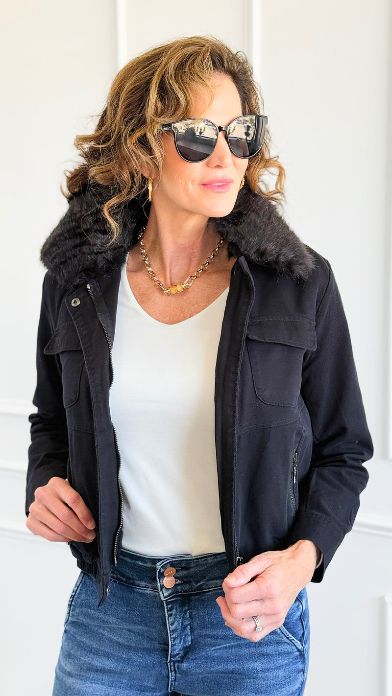 Cloud Dreams Faux Fur-Trim Jacket - Black Denim/Black-160 Jackets-IRIS-Coastal Bloom Boutique, find the trendiest versions of the popular styles and looks Located in Indialantic, FL