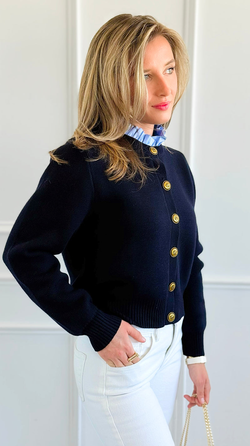 Chic Ruffle Button Down Cardigan-150 Cardigans/Layers-LALAVON-Coastal Bloom Boutique, find the trendiest versions of the popular styles and looks Located in Indialantic, FL