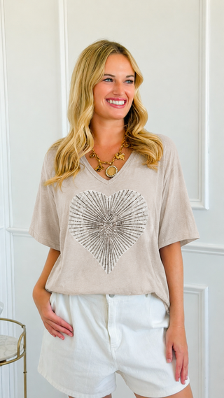 Follow Your Heart Sparkle Italian Top- Beige