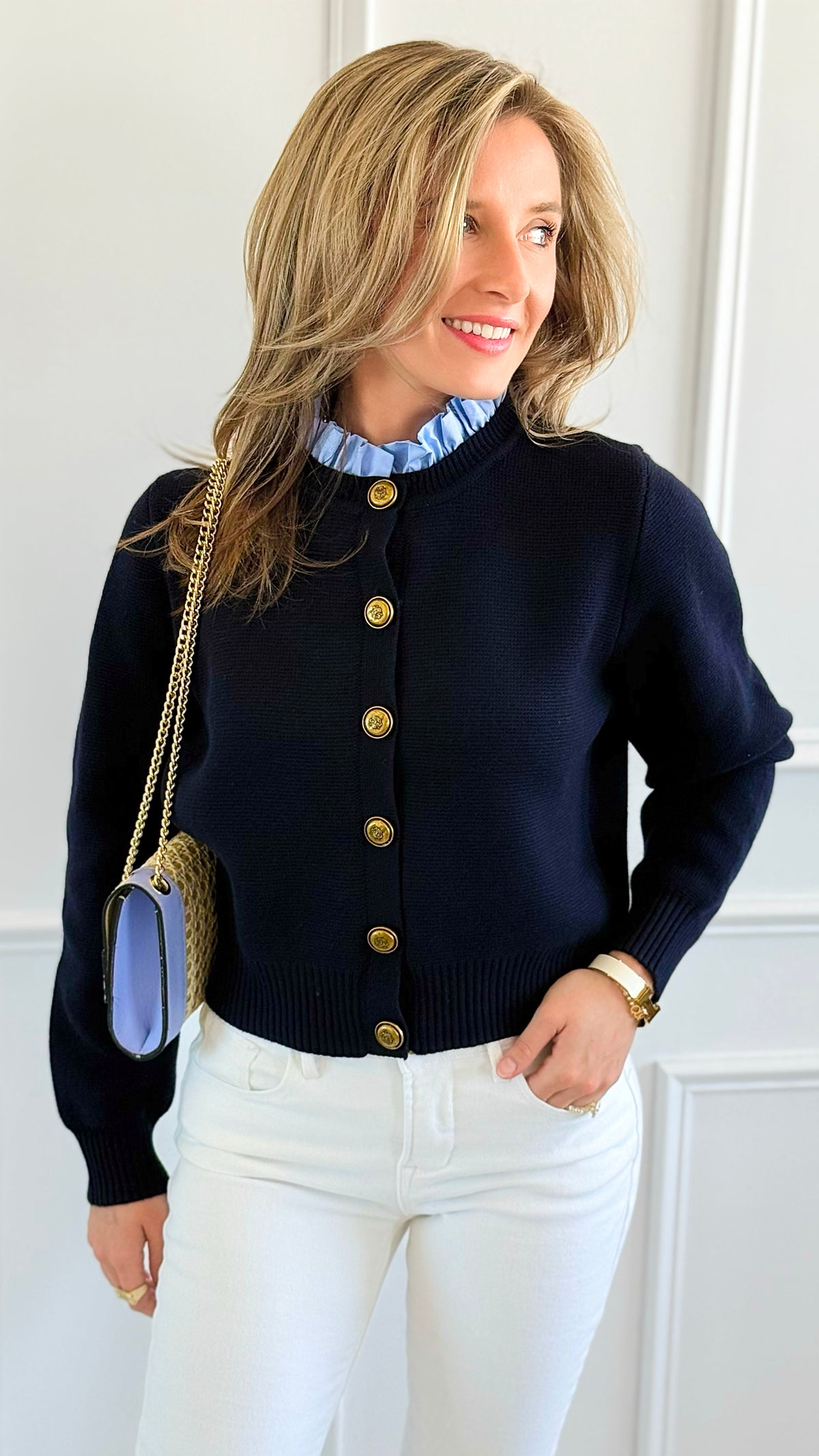 Chic Ruffle Button Down Cardigan-150 Cardigans/Layers-LALAVON-Coastal Bloom Boutique, find the trendiest versions of the popular styles and looks Located in Indialantic, FL