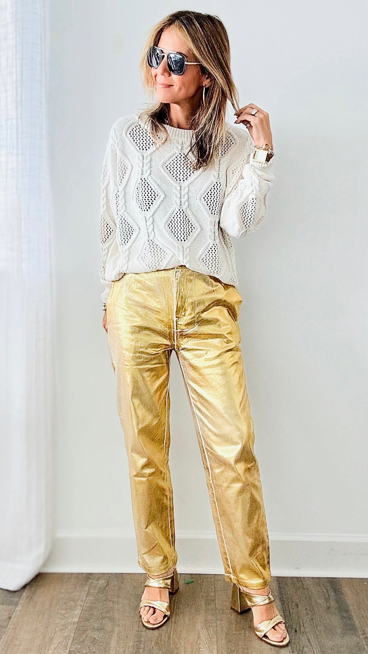 Gold Metallic High Waist Straight Pants-170 Bottoms-BIBI-Coastal Bloom Boutique, find the trendiest versions of the popular styles and looks Located in Indialantic, FL