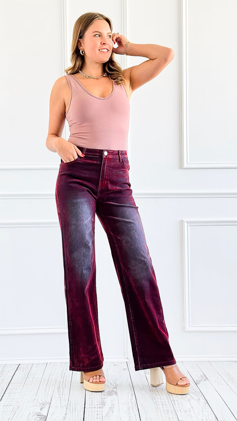 Velvet Wide-Leg Denim Pants - Burgundy-170 Bottoms-JJ'S FAIRYLAND-Coastal Bloom Boutique, find the trendiest versions of the popular styles and looks Located in Indialantic, FL