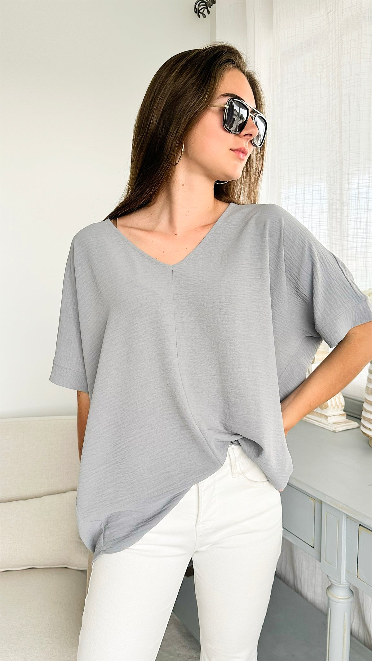 V-Neck Dolman Sleeve Top - Sleet-110 Short Sleeve Tops-Zenana-Coastal Bloom Boutique, find the trendiest versions of the popular styles and looks Located in Indialantic, FL